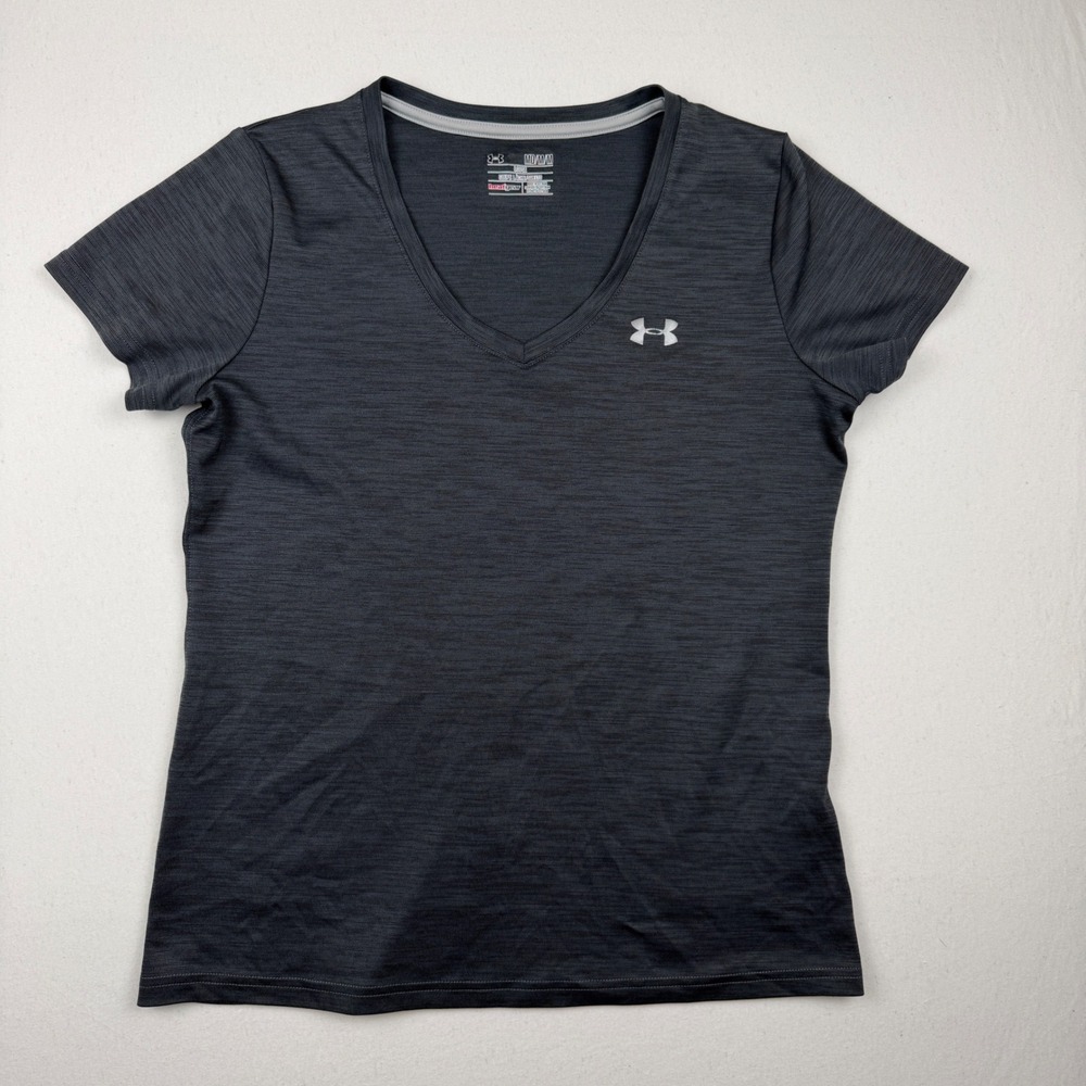 Under Armour Womens HeatGear V-Neck T-Shirt Gray Heather Loose Fit Medium